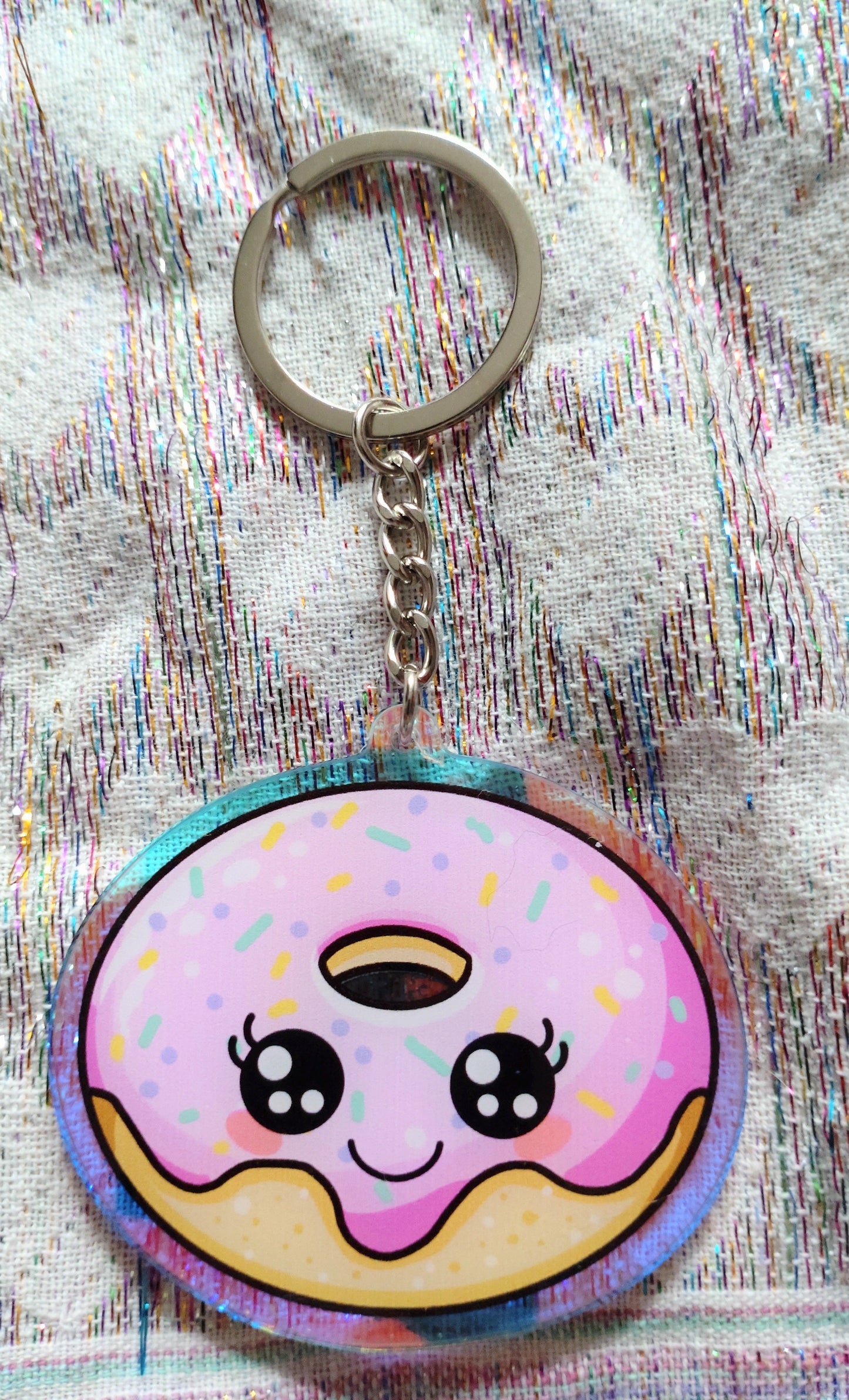 Rainbow/Prismatic Acrylic Keyring - STRAWBERRY DONUT