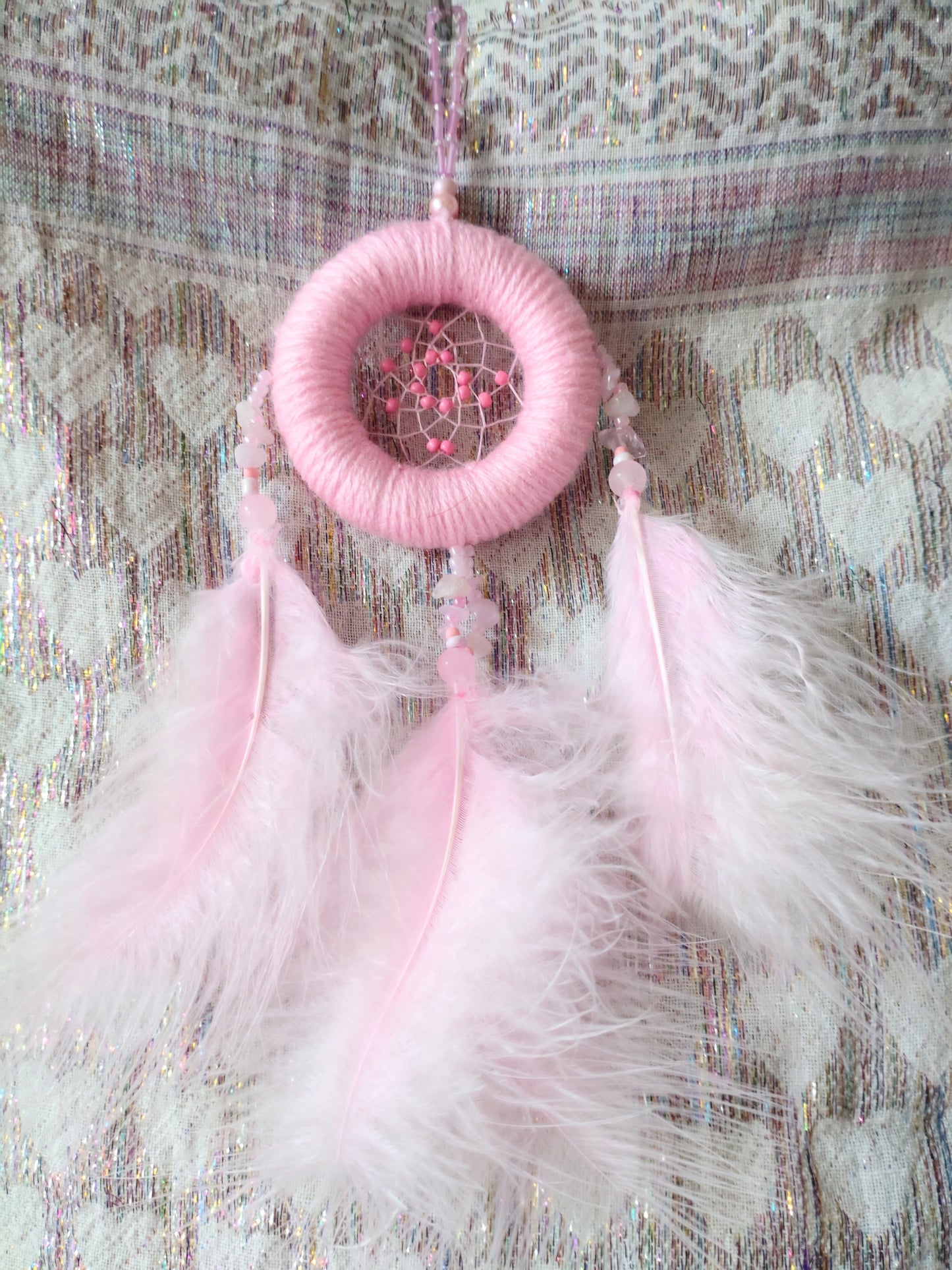 Handmade Dreamcatcher (small) - LIGHT PINK with ROSE QUARTZ