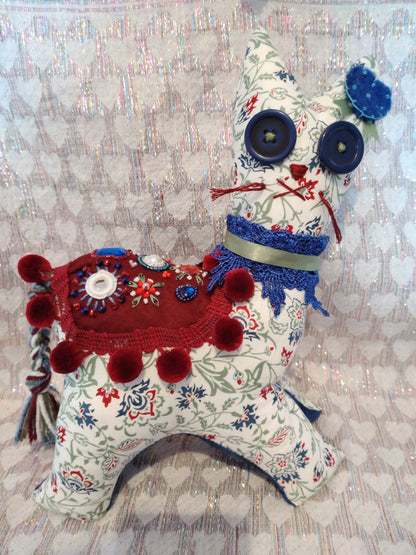 Patchwork Cat - WHITE, BLUE AND RED VINTAGE