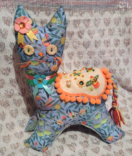 Patchwork Cat - BLUE WITH FRUITS AND LEAVES