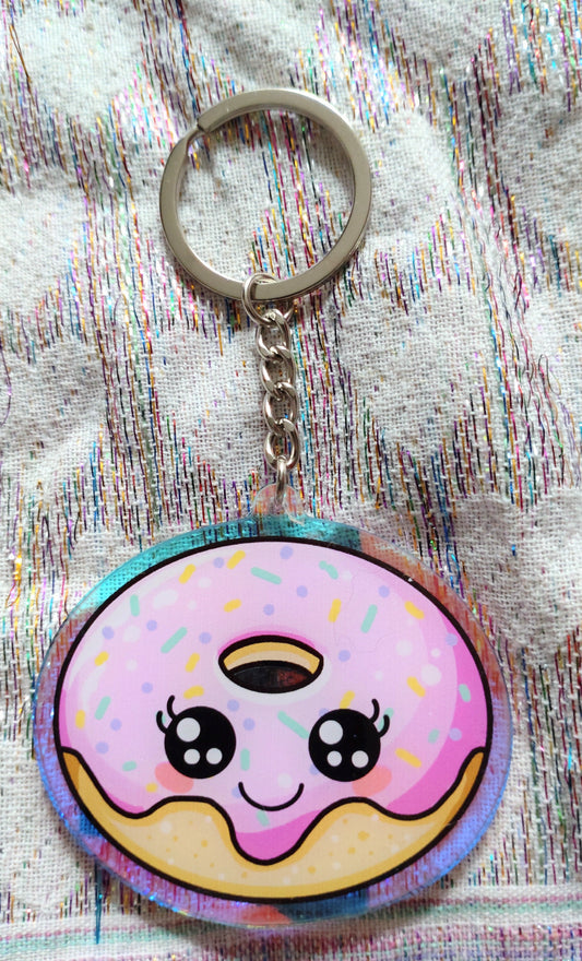 Rainbow/Prismatic Acrylic Keyring - STRAWBERRY DONUT