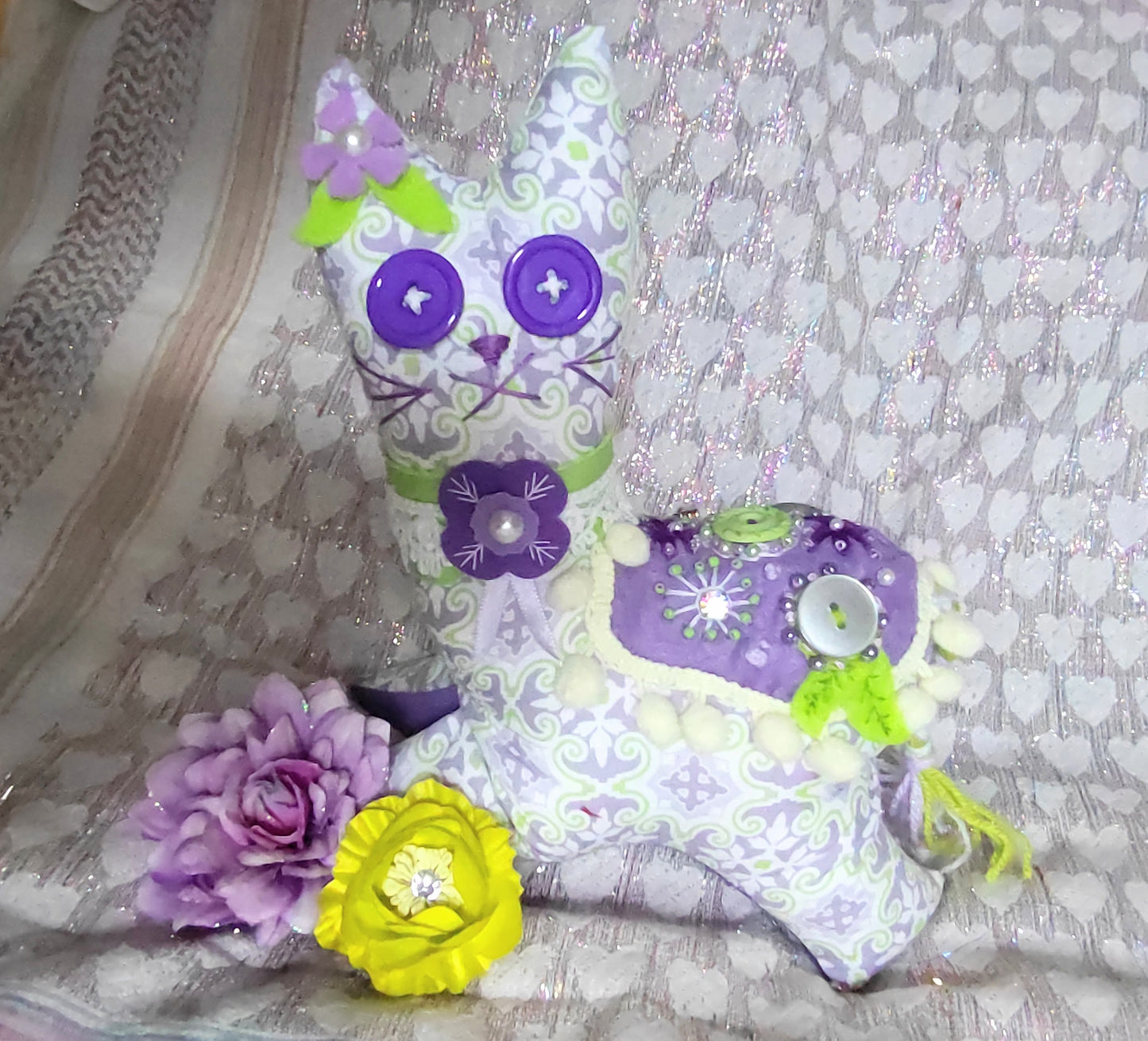 Patchwork Cat - LILAC, GREEN AND WHITE