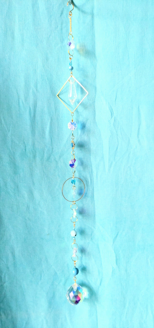 Handmade Suncatcher - GOLD WITH TURQUOISE BEADS AND GLOBE PENDANT