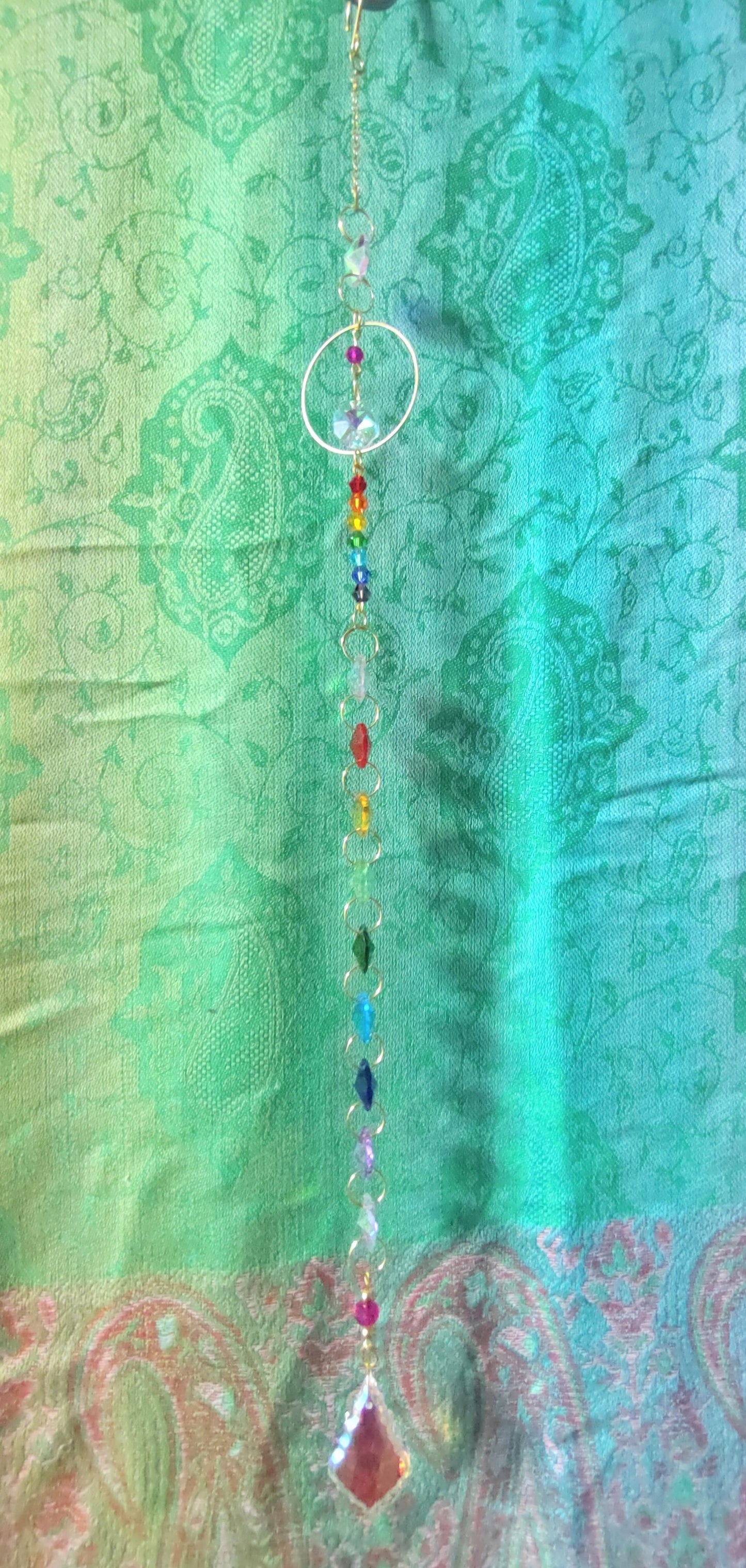 Handmade Suncatcher - GOLD WITH RAINBOW CRYSTALS, BEADS AND ORNATE DROP PENDANT