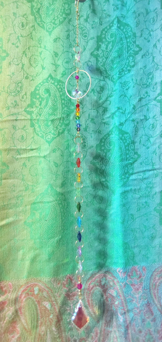 Handmade Suncatcher - GOLD WITH RAINBOW CRYSTALS, BEADS AND ORNATE DROP PENDANT