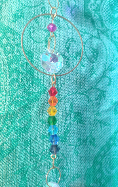 Handmade Suncatcher - GOLD WITH RAINBOW CRYSTALS, BEADS AND ORNATE DROP PENDANT