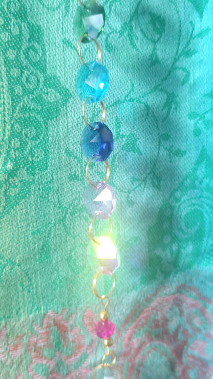 Handmade Suncatcher - GOLD WITH RAINBOW CRYSTALS, BEADS AND ORNATE DROP PENDANT