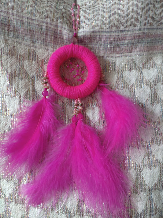 Handmade Dreamcatcher (small) - HOT PINK with RHODONITE