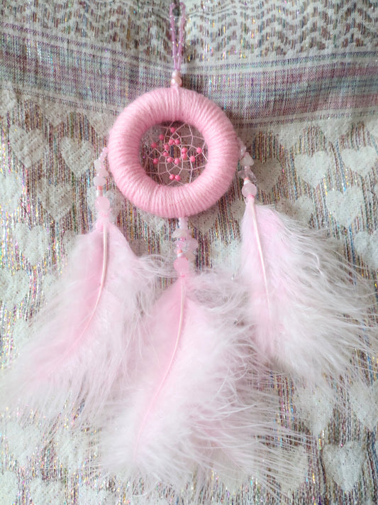 Handmade Dreamcatcher (small) - LIGHT PINK with ROSE QUARTZ