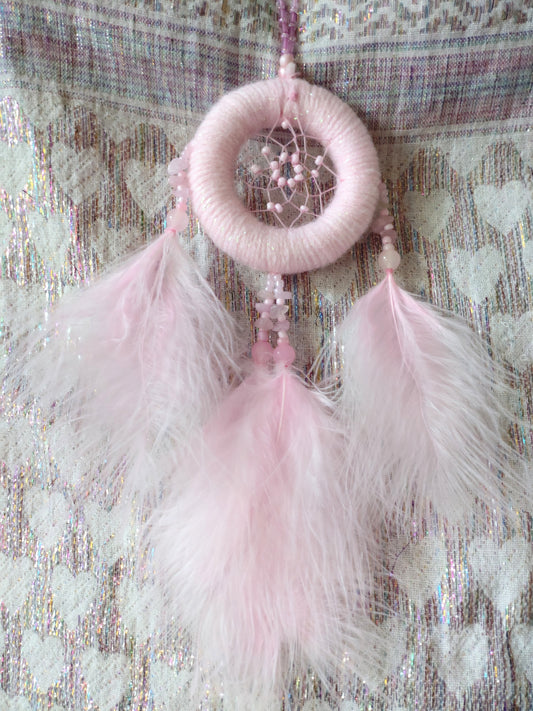 Handmade Dreamcatcher (small) - LIGHT PINK SPARKLE with ROSE QUARTZ