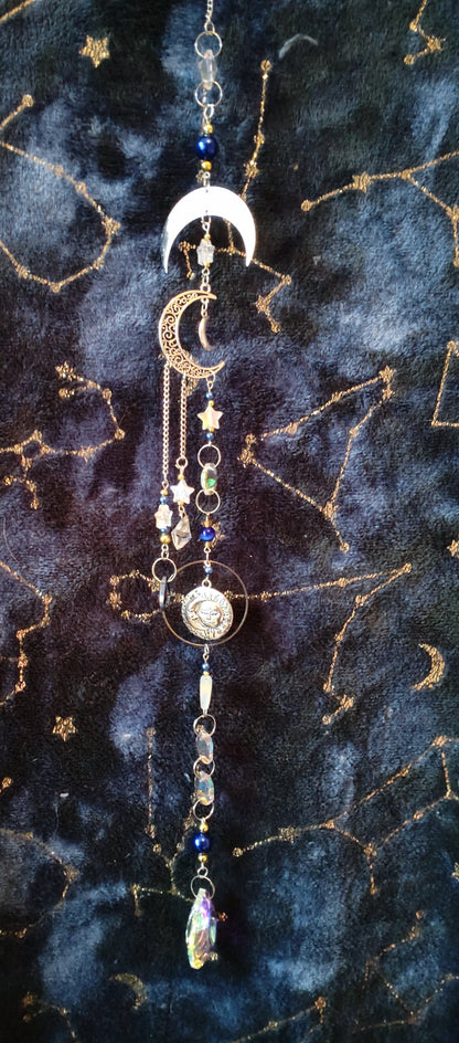 Handmade Suncatcher - SILVER SUN MOON AND STARS WITH BLUE AND GOLD BEADS