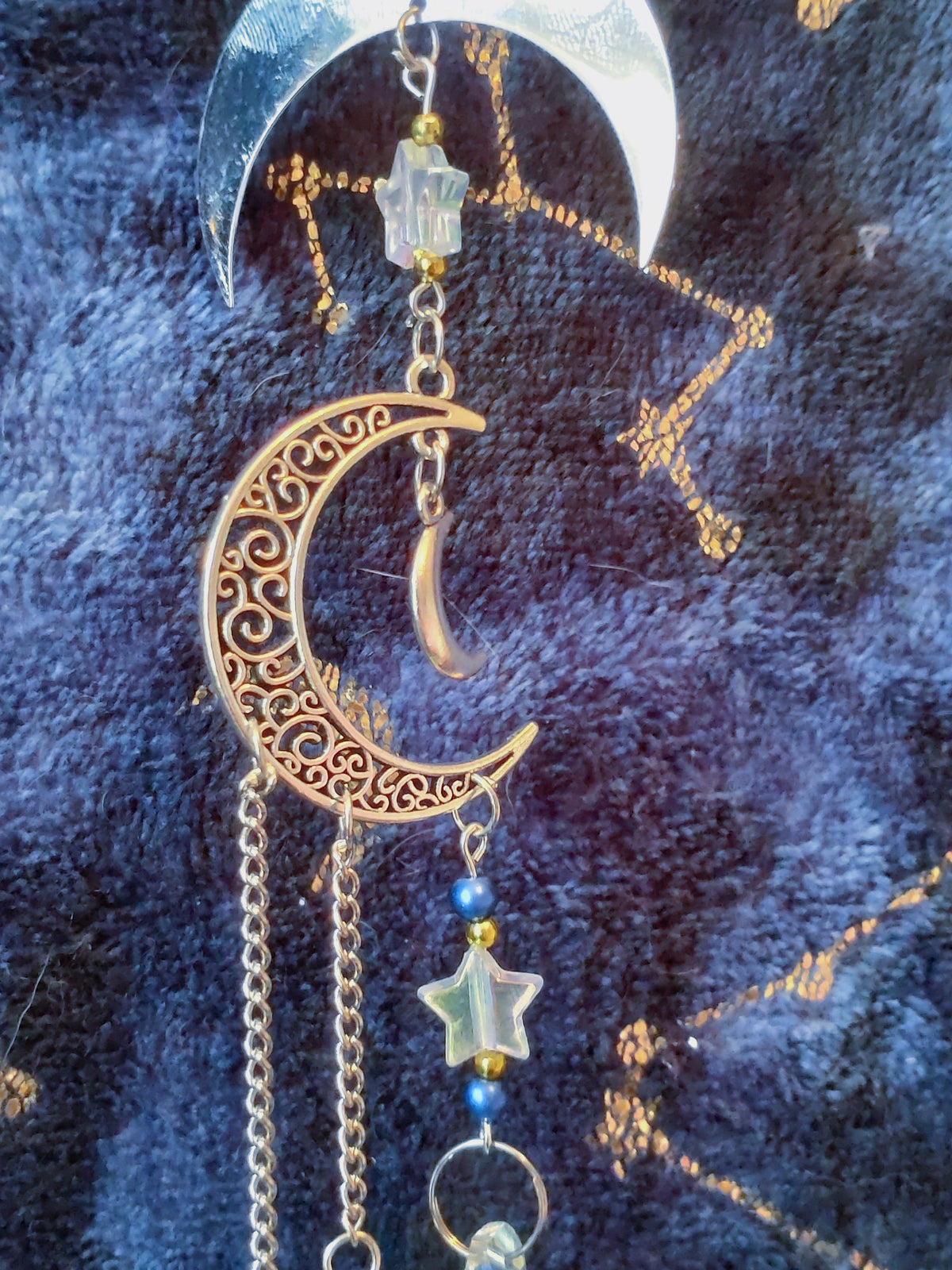Handmade Suncatcher - SILVER SUN MOON AND STARS WITH BLUE AND GOLD BEADS