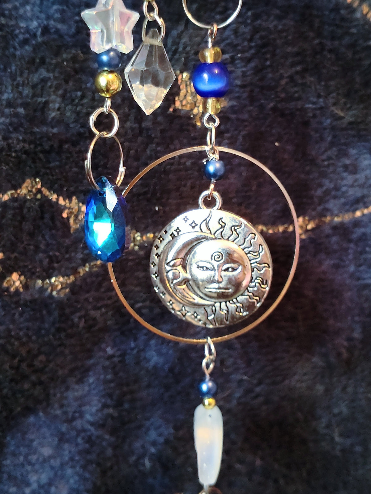 Handmade Suncatcher - SILVER SUN MOON AND STARS WITH BLUE AND GOLD BEADS