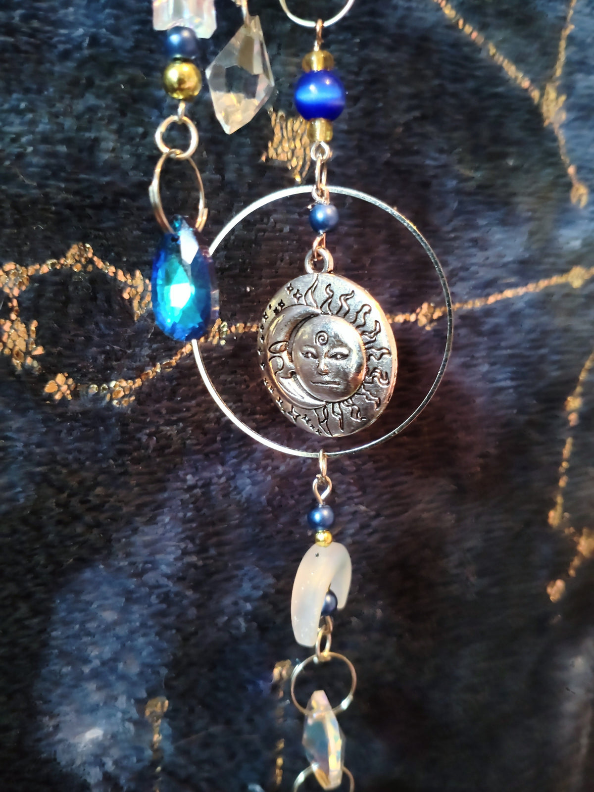 Handmade Suncatcher - SILVER SUN MOON AND STARS WITH BLUE AND GOLD BEADS