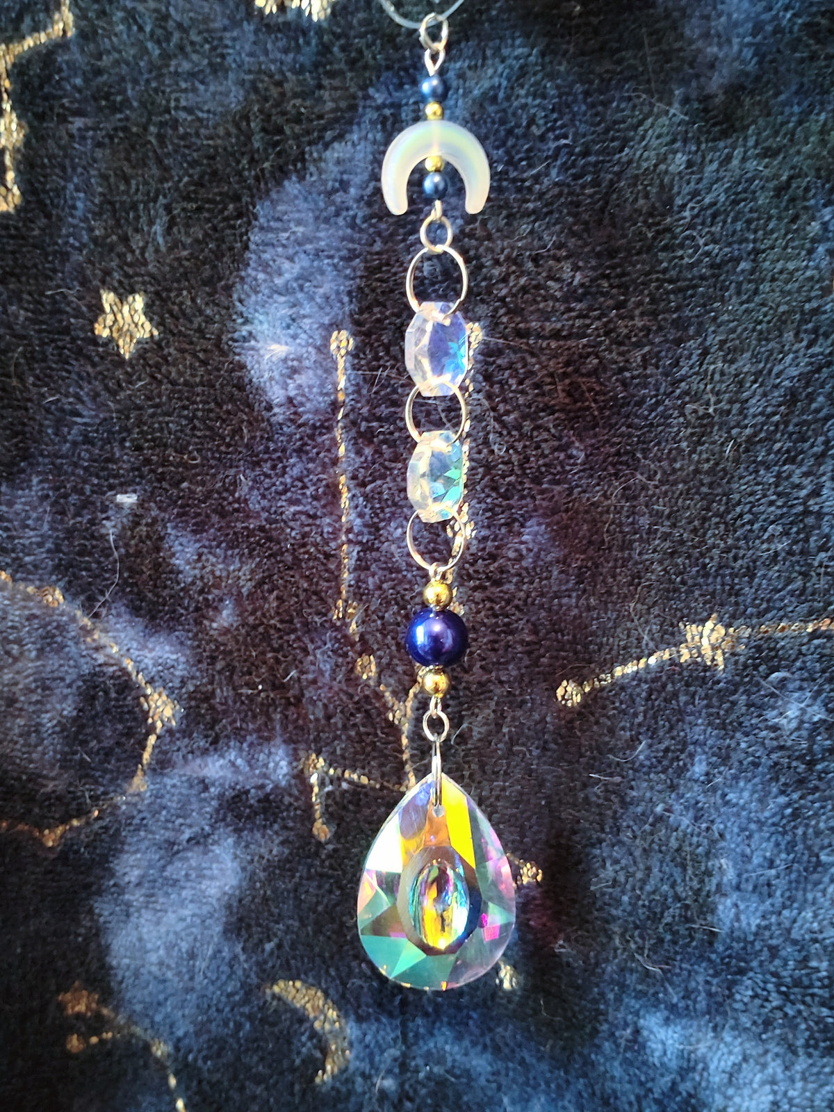 Handmade Suncatcher - SILVER SUN MOON AND STARS WITH BLUE AND GOLD BEADS