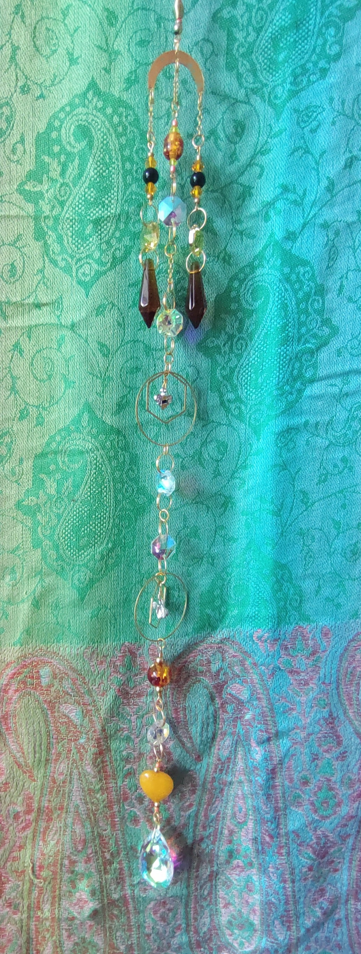 Handmade Suncatcher - GOLD CRESCENT WITH DARK AMBER DROPS, ORANGE BEADS AND BEE CHARMS