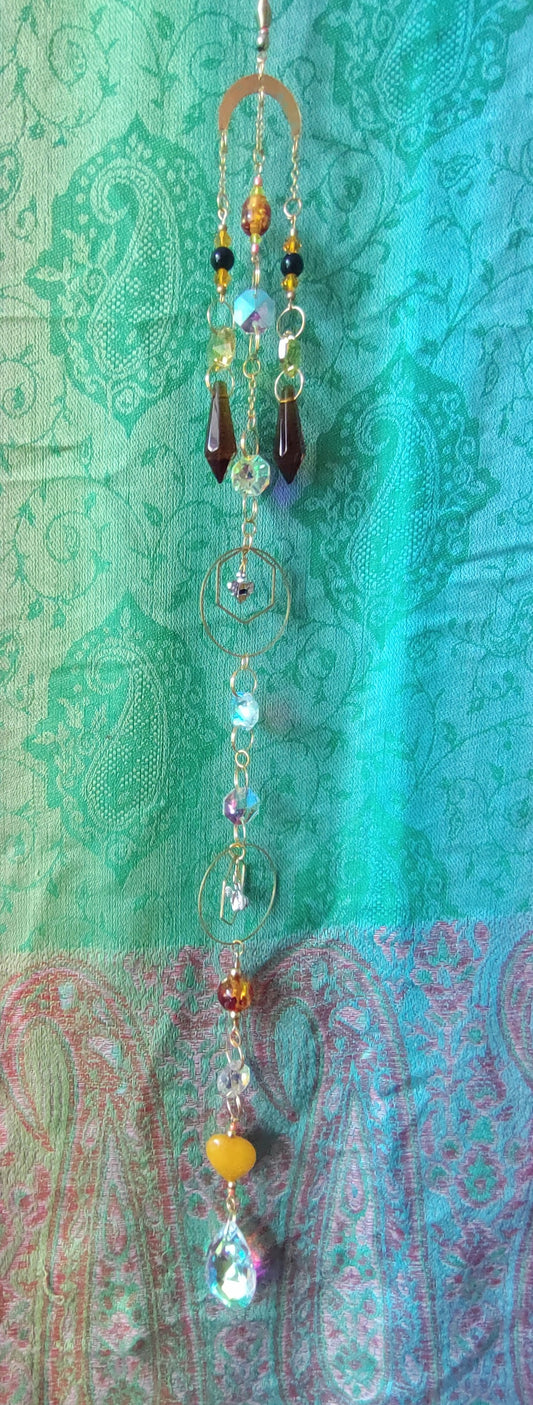 Handmade Suncatcher - GOLD CRESCENT WITH DARK AMBER DROPS, ORANGE BEADS AND BEE CHARMS