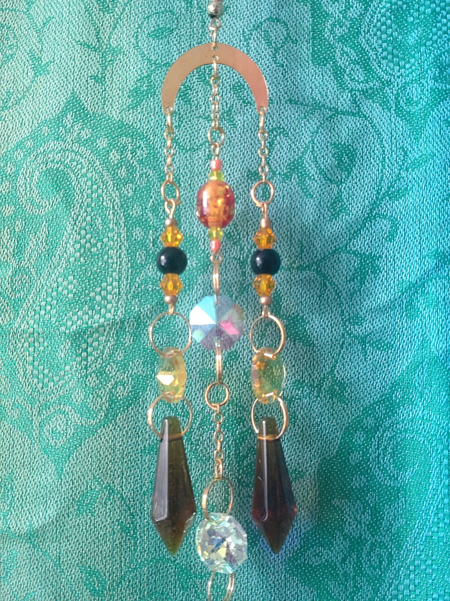 Handmade Suncatcher - GOLD CRESCENT WITH DARK AMBER DROPS, ORANGE BEADS AND BEE CHARMS