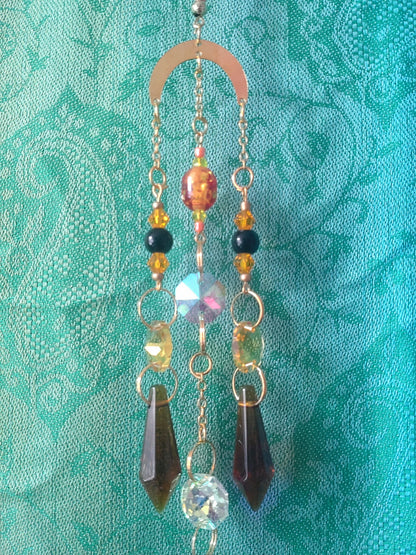 Handmade Suncatcher - GOLD CRESCENT WITH DARK AMBER DROPS, ORANGE BEADS AND BEE CHARMS