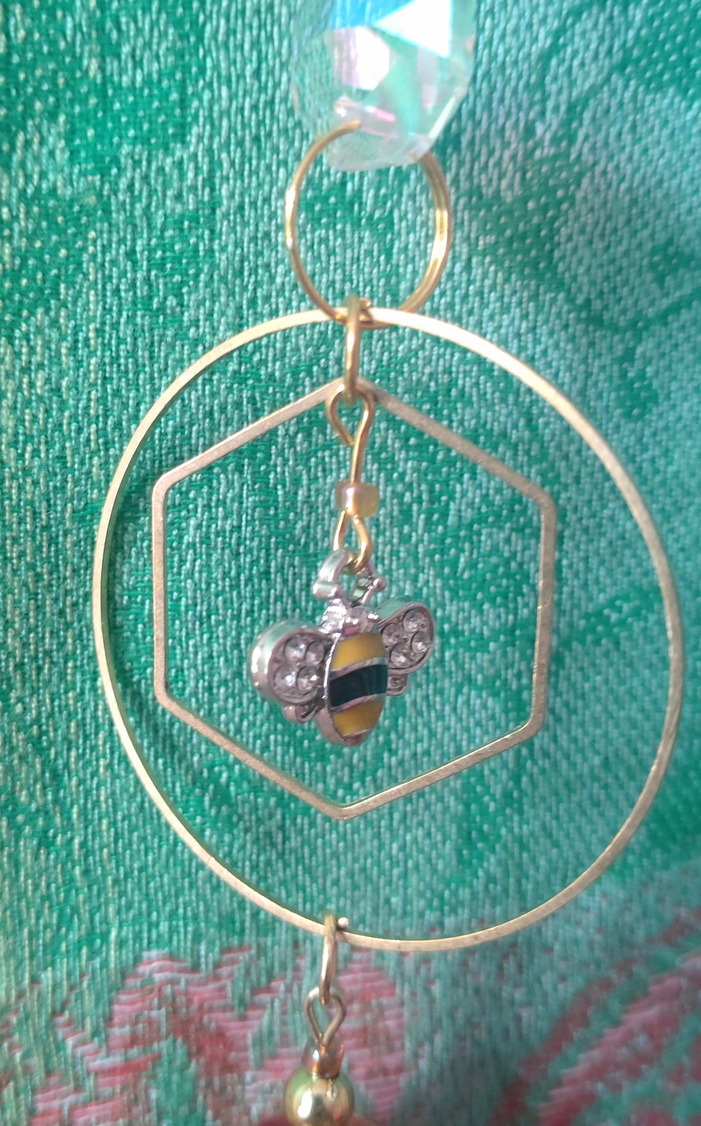 Handmade Suncatcher - GOLD CRESCENT WITH DARK AMBER DROPS, ORANGE BEADS AND BEE CHARMS