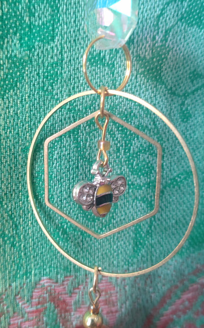 Handmade Suncatcher - GOLD CRESCENT WITH DARK AMBER DROPS, ORANGE BEADS AND BEE CHARMS