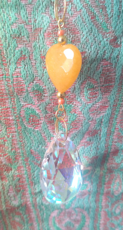 Handmade Suncatcher - GOLD CRESCENT WITH DARK AMBER DROPS, ORANGE BEADS AND BEE CHARMS