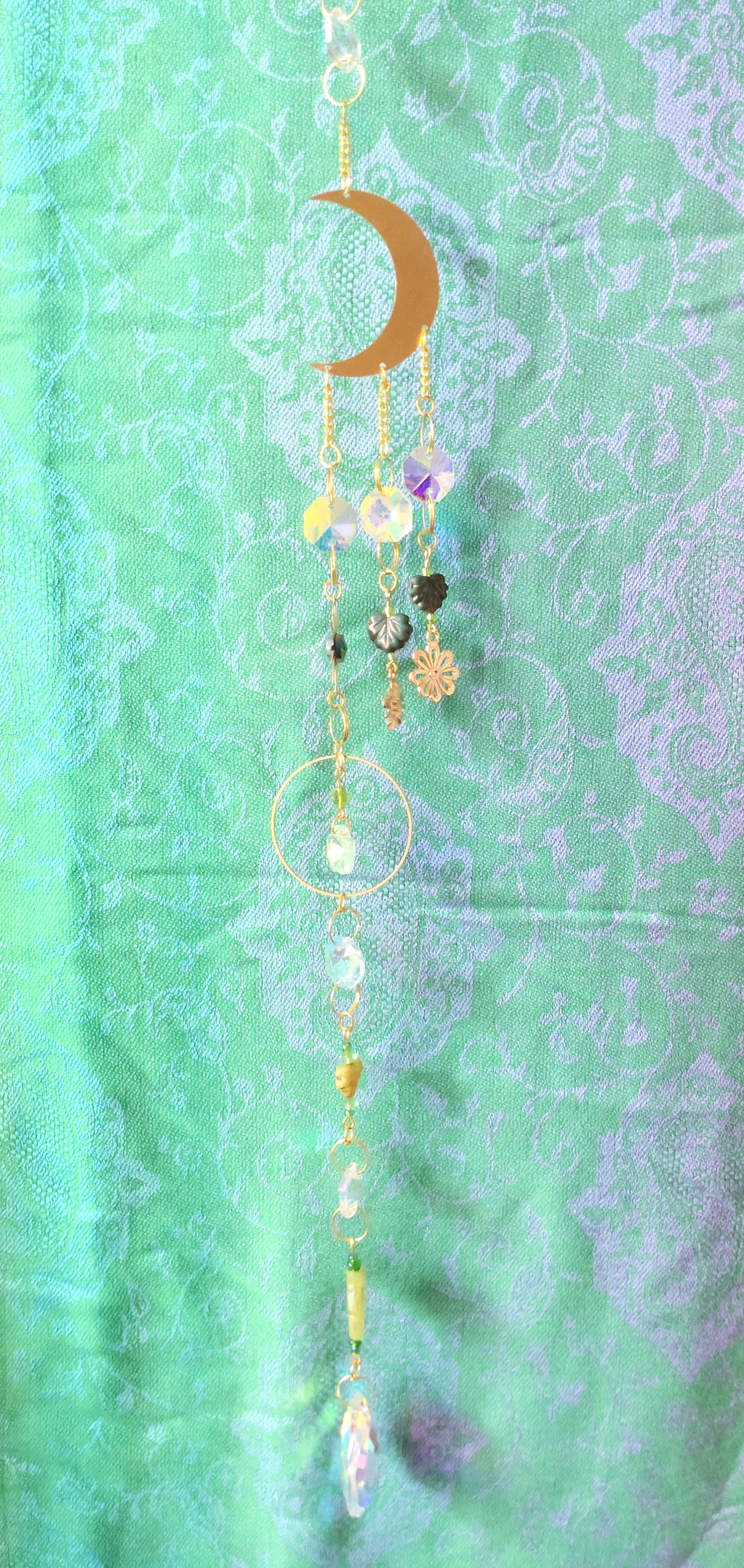 Handmade Suncatcher - GOLD MOON WITH GOLD FLOWERS AND GREEN LEAVES