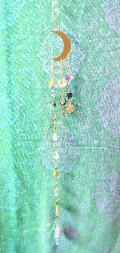 Handmade Suncatcher - GOLD MOON WITH GOLD FLOWERS AND GREEN LEAVES