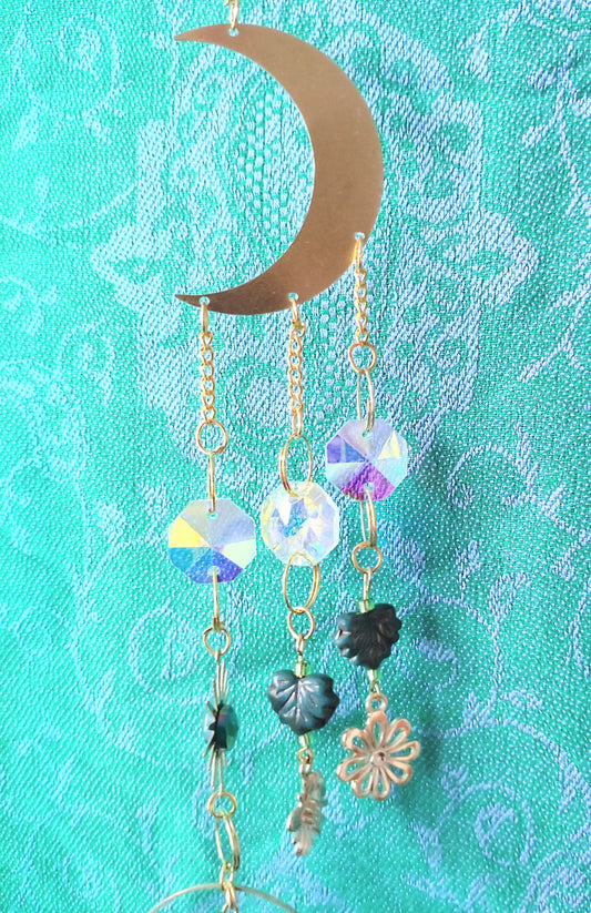 Handmade Suncatcher - GOLD MOON WITH GOLD FLOWERS AND GREEN LEAVES