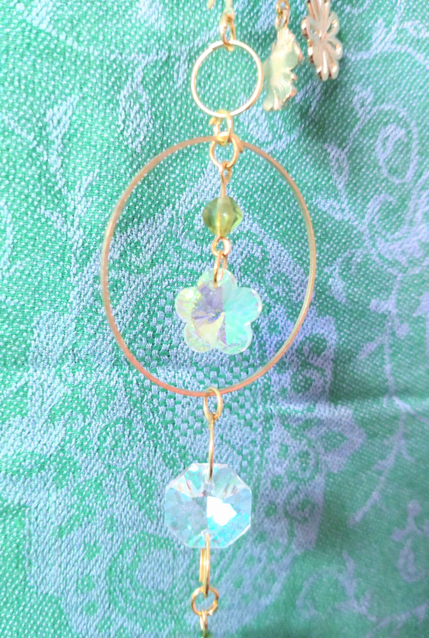 Handmade Suncatcher - GOLD MOON WITH GOLD FLOWERS AND GREEN LEAVES