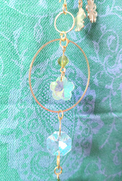 Handmade Suncatcher - GOLD MOON WITH GOLD FLOWERS AND GREEN LEAVES
