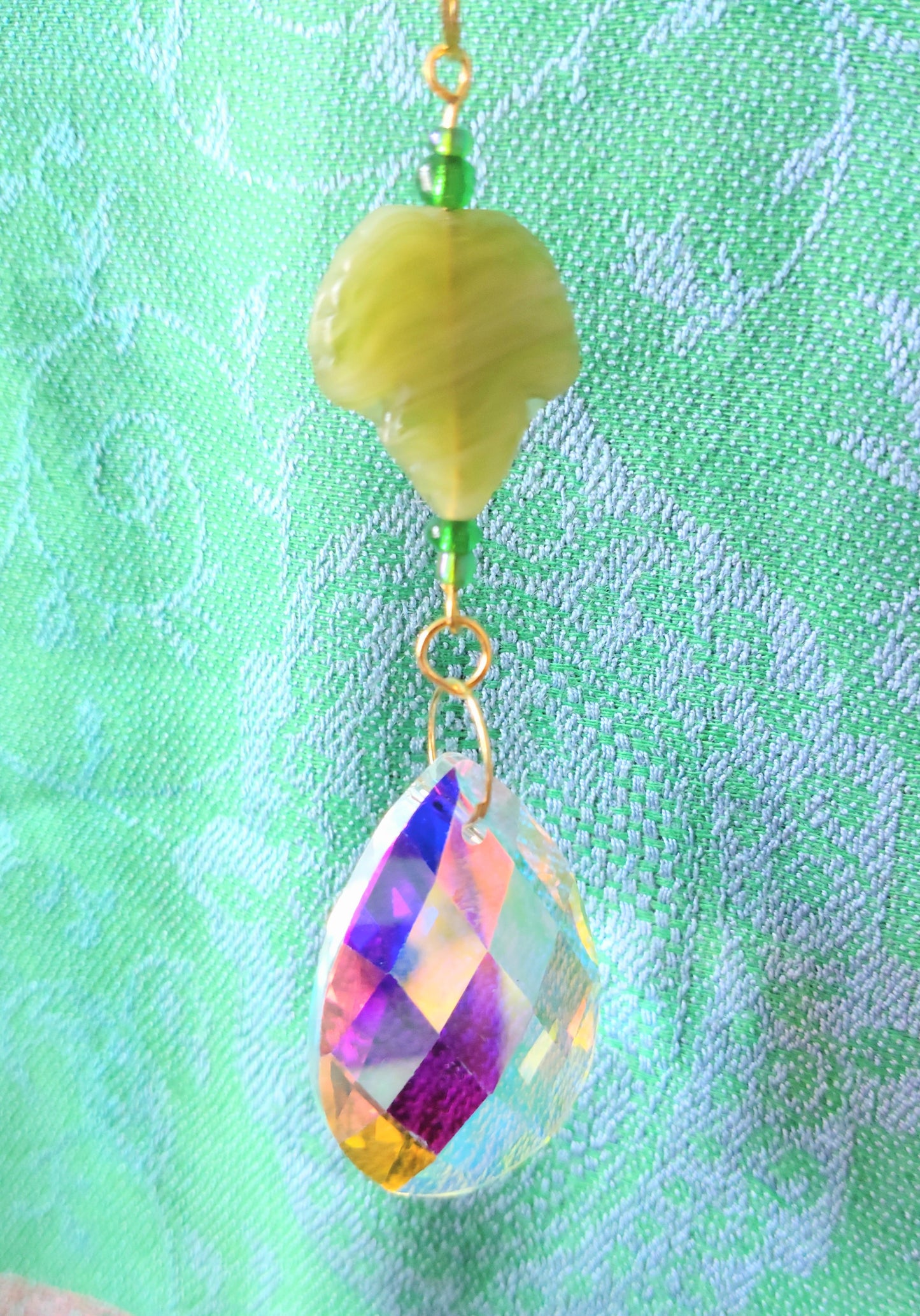 Handmade Suncatcher - GOLD MOON WITH GOLD FLOWERS AND GREEN LEAVES