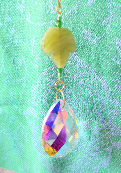 Handmade Suncatcher - GOLD MOON WITH GOLD FLOWERS AND GREEN LEAVES