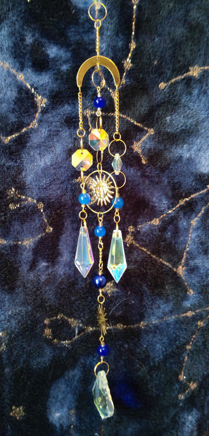 Handmade Suncatcher - GOLD SUN, MOON AND STARS WITH DARK BLUE BEADS
