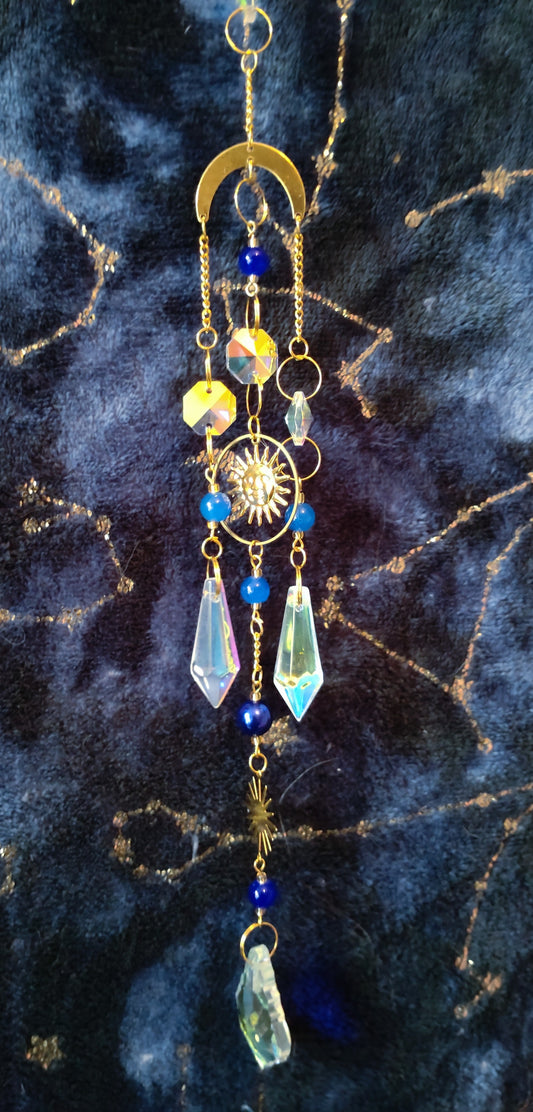 Handmade Suncatcher - GOLD SUN, MOON AND STARS WITH DARK BLUE BEADS