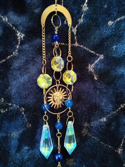 Handmade Suncatcher - GOLD SUN, MOON AND STARS WITH DARK BLUE BEADS