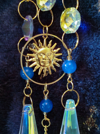 Handmade Suncatcher - GOLD SUN, MOON AND STARS WITH DARK BLUE BEADS