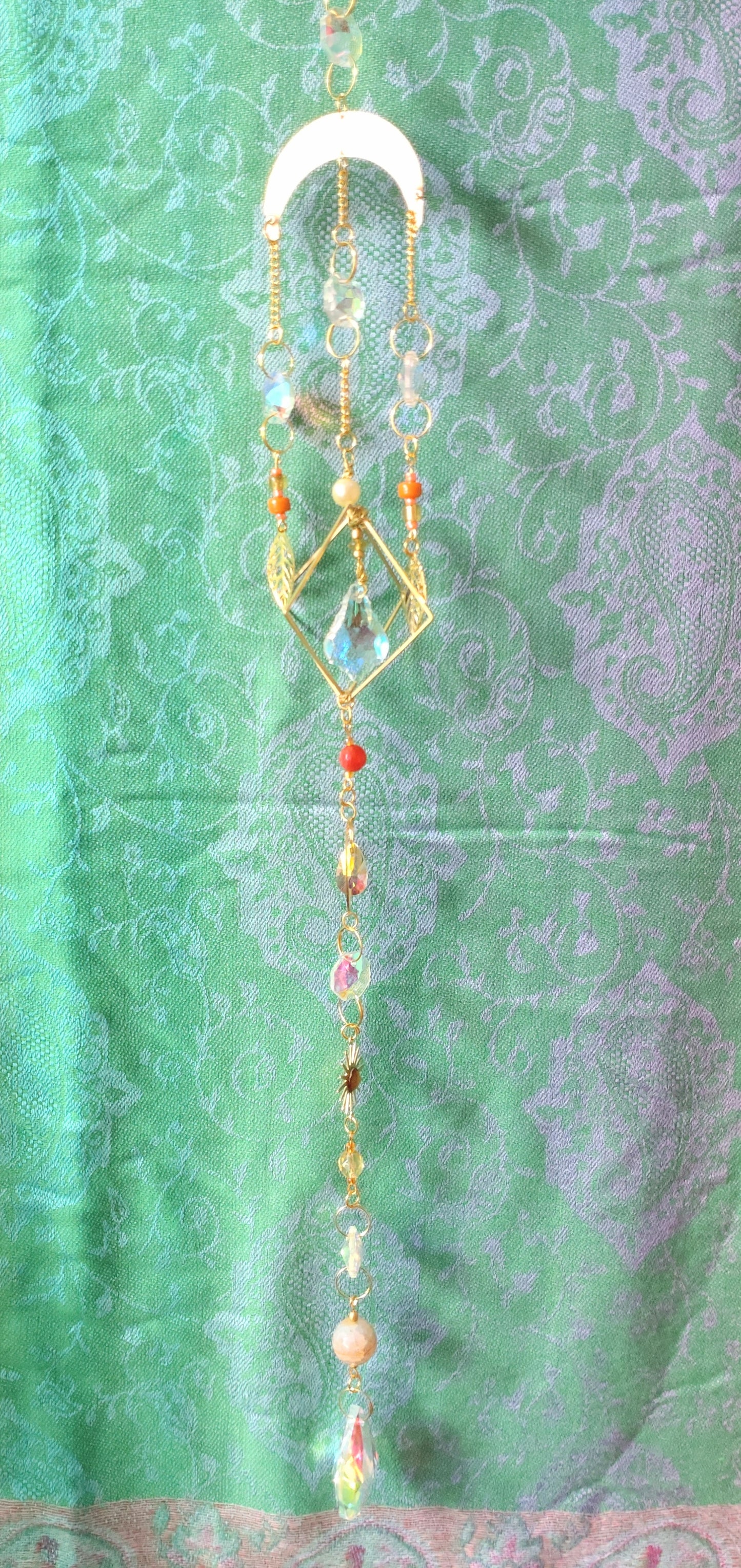 Handmade suncatcher - GOLD MOON WITH ORANGE BEADS, GOLD LEAVES AND SUN