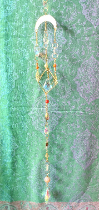 Handmade suncatcher - GOLD MOON WITH ORANGE BEADS, GOLD LEAVES AND SUN