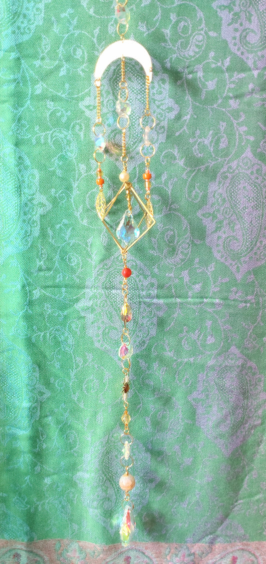 Handmade suncatcher - GOLD MOON WITH ORANGE BEADS, GOLD LEAVES AND SUN
