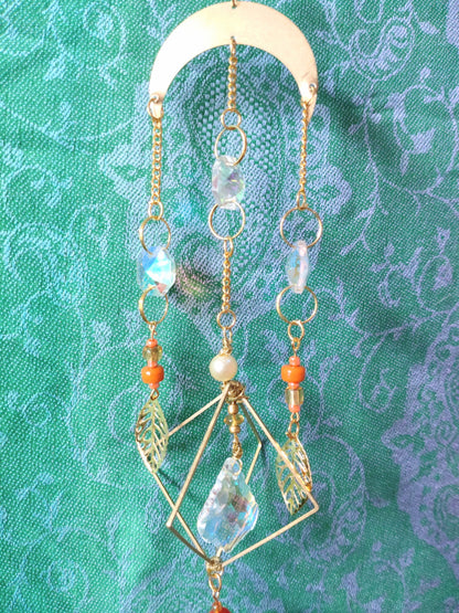Handmade suncatcher - GOLD MOON WITH ORANGE BEADS, GOLD LEAVES AND SUN