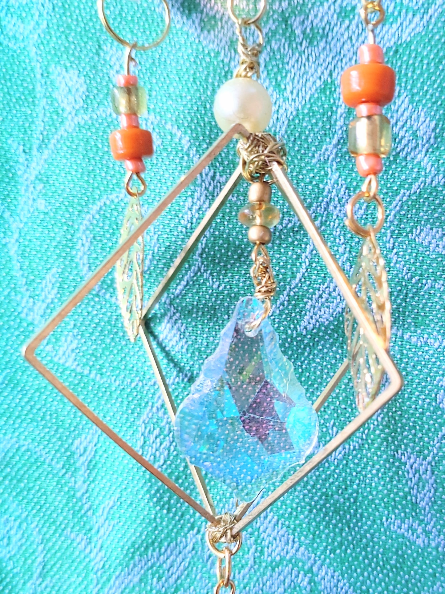 Handmade suncatcher - GOLD MOON WITH ORANGE BEADS, GOLD LEAVES AND SUN