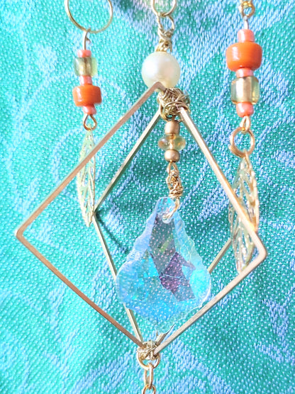 Handmade suncatcher - GOLD MOON WITH ORANGE BEADS, GOLD LEAVES AND SUN