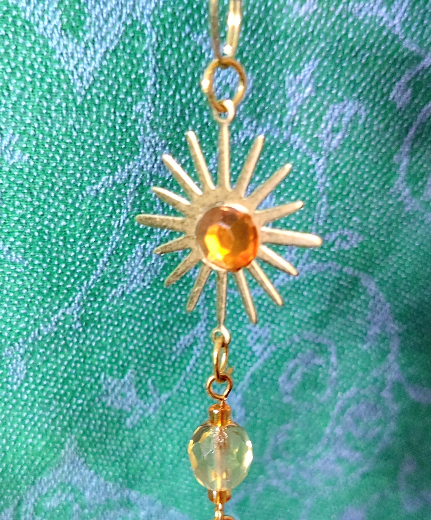 Handmade suncatcher - GOLD MOON WITH ORANGE BEADS, GOLD LEAVES AND SUN