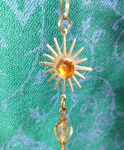 Handmade suncatcher - GOLD MOON WITH ORANGE BEADS, GOLD LEAVES AND SUN