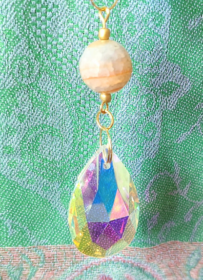 Handmade suncatcher - GOLD MOON WITH ORANGE BEADS, GOLD LEAVES AND SUN
