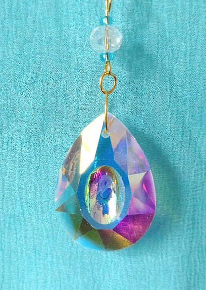 Handmade Suncatcher - GOLD WITH TURQUOISE BEADS, GLASS FISH AND TEARDROP PENDANT