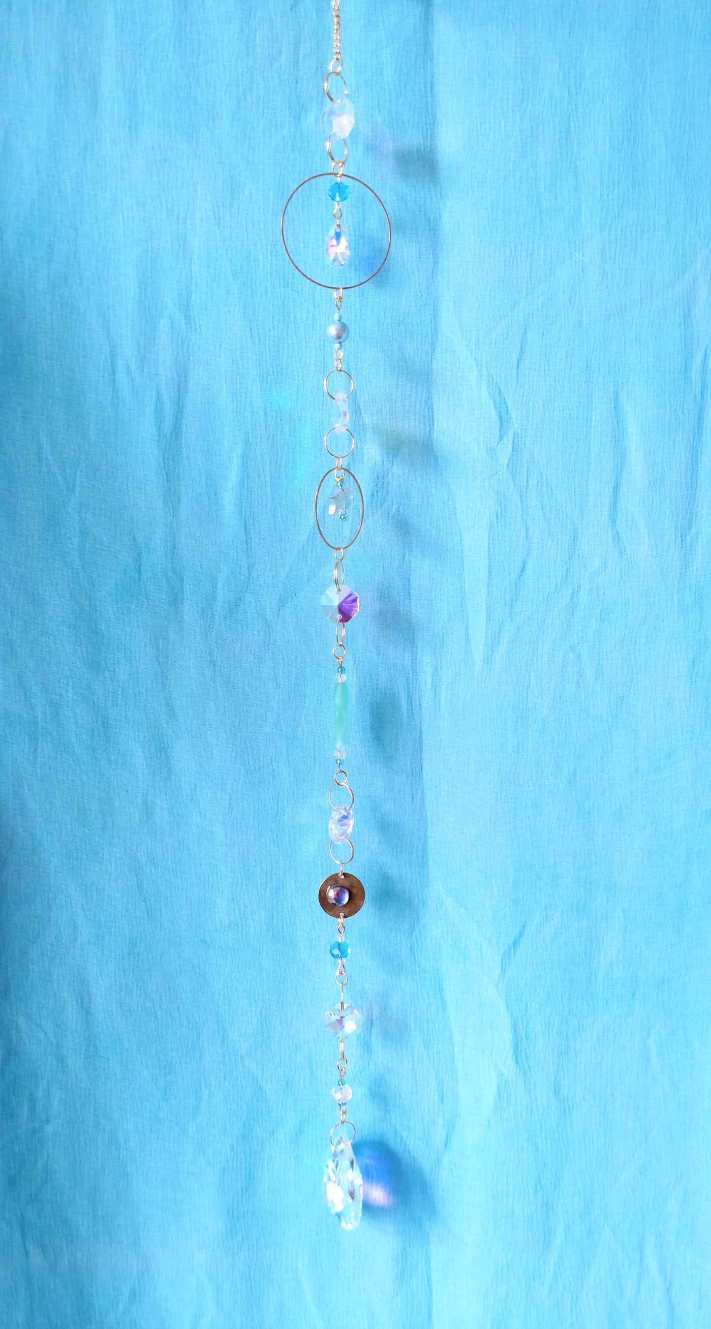 Handmade Suncatcher - GOLD WITH TURQUOISE BEADS, GLASS FISH AND TEARDROP PENDANT