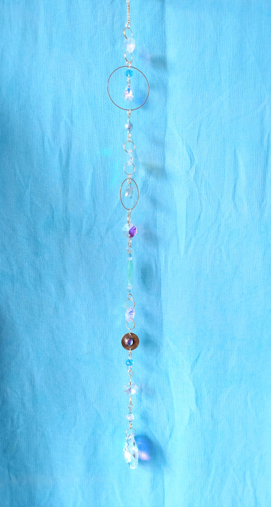 Handmade Suncatcher - GOLD WITH TURQUOISE BEADS, GLASS FISH AND TEARDROP PENDANT