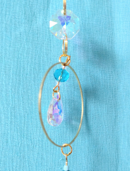 Handmade Suncatcher - GOLD WITH TURQUOISE BEADS, GLASS FISH AND TEARDROP PENDANT